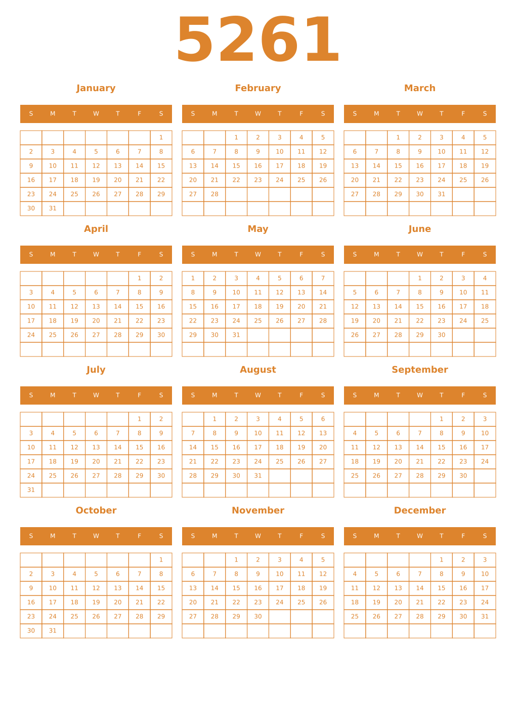 Printable 5261 Year Calendars orange