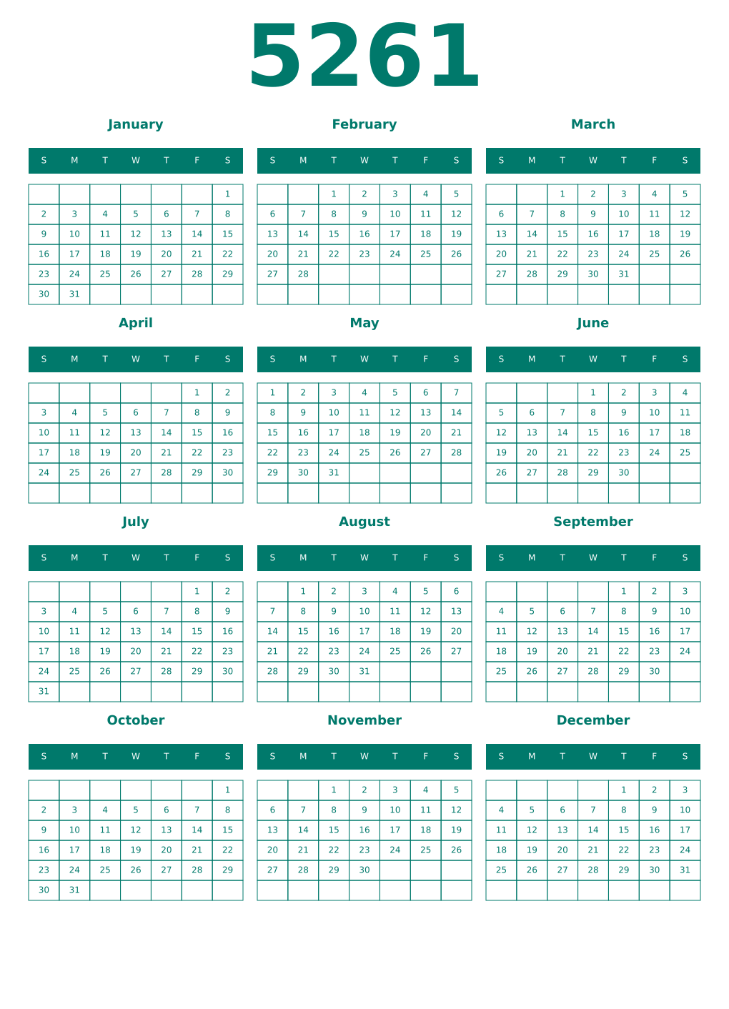 Printable 5261 Year Calendars pastel