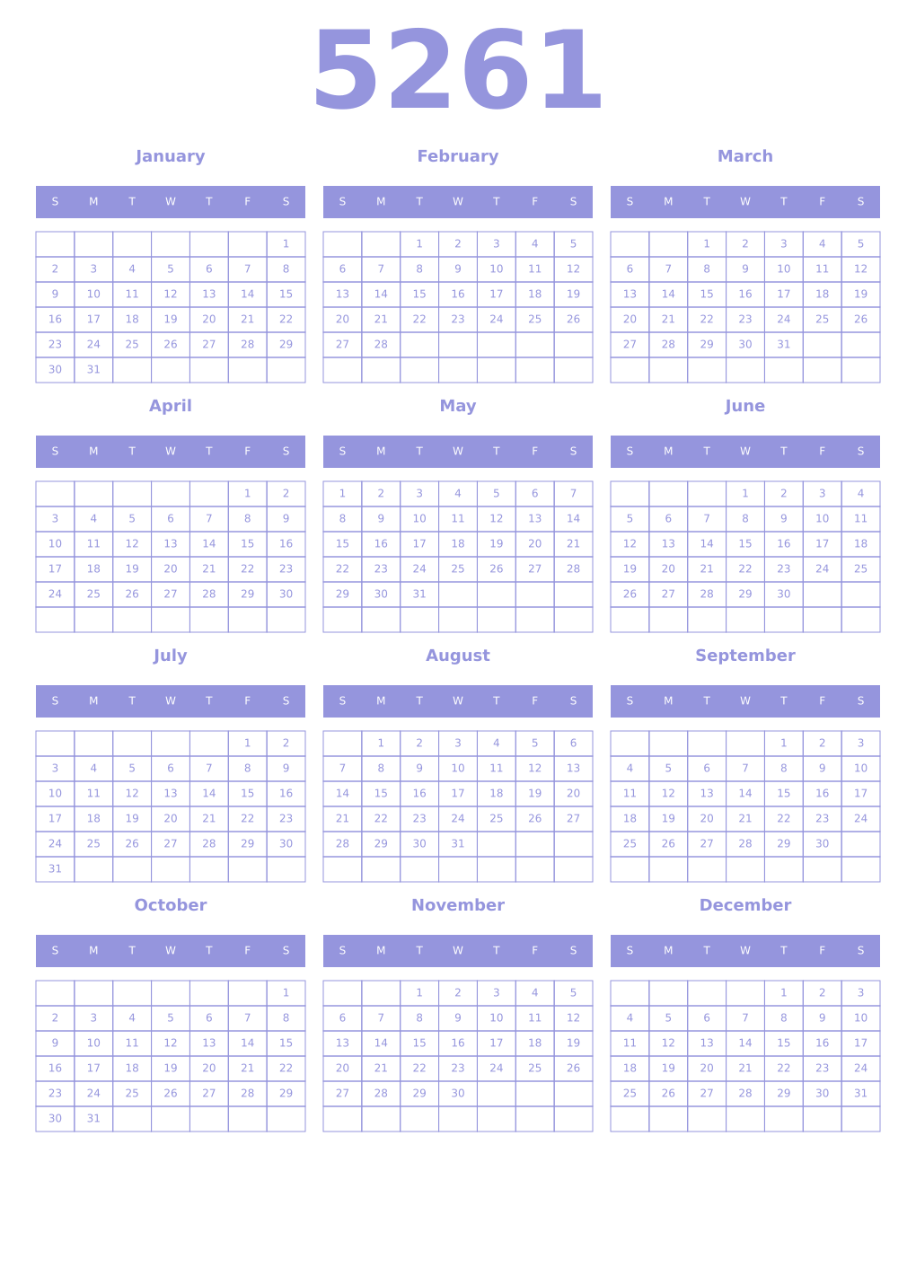 Printable 5261 Year Calendars periwinkle