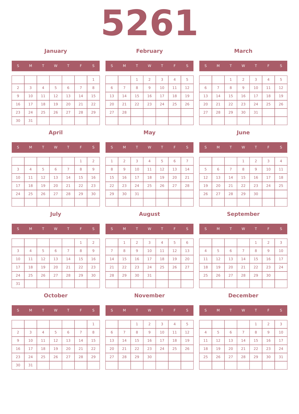 Printable 5261 Year Calendars puce