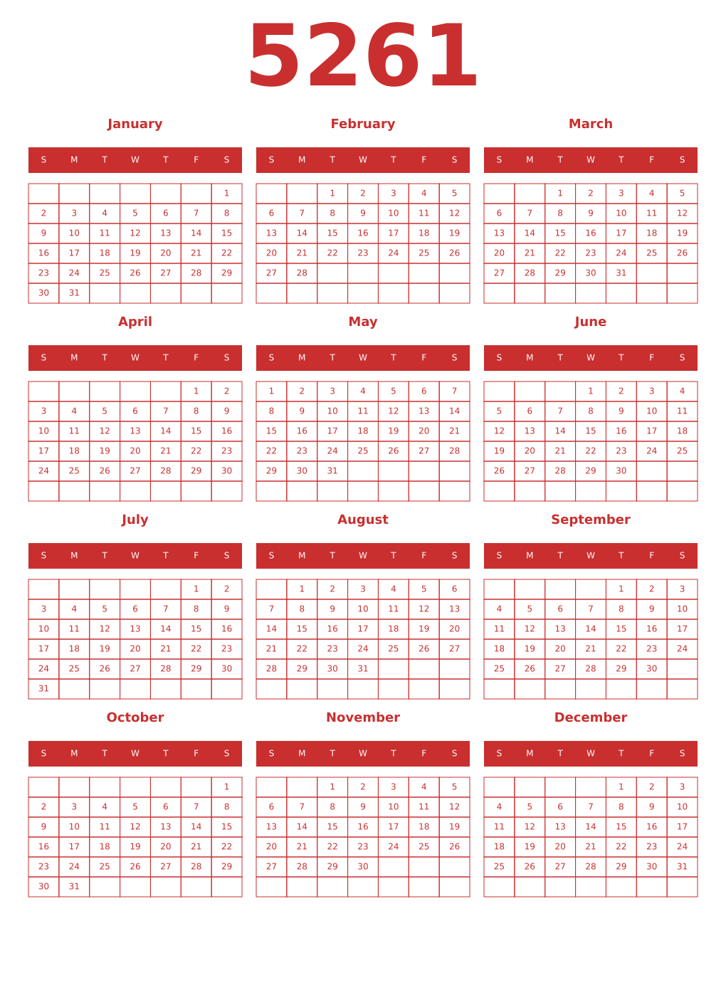 Printable 5261 Year Calendars red