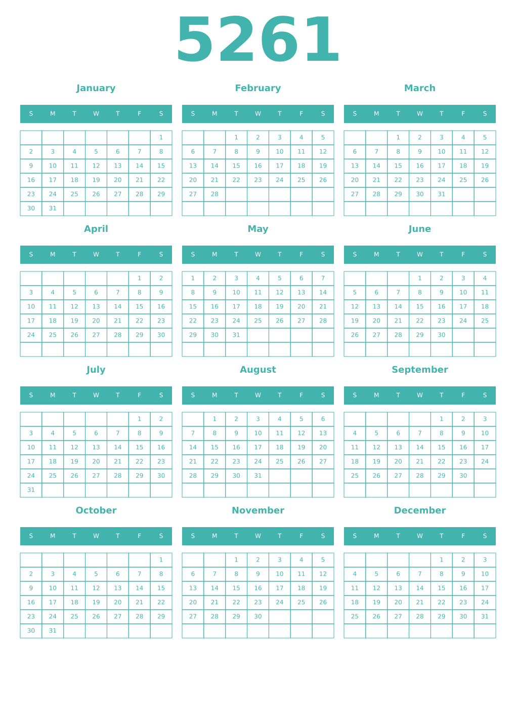 Printable 5261 Year Calendars verdigris
