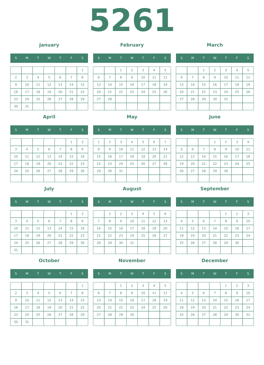 Printable 5261 Year Calendars viridian