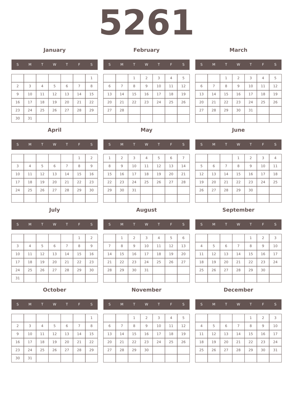 Printable 5261 Year Calendars wenge