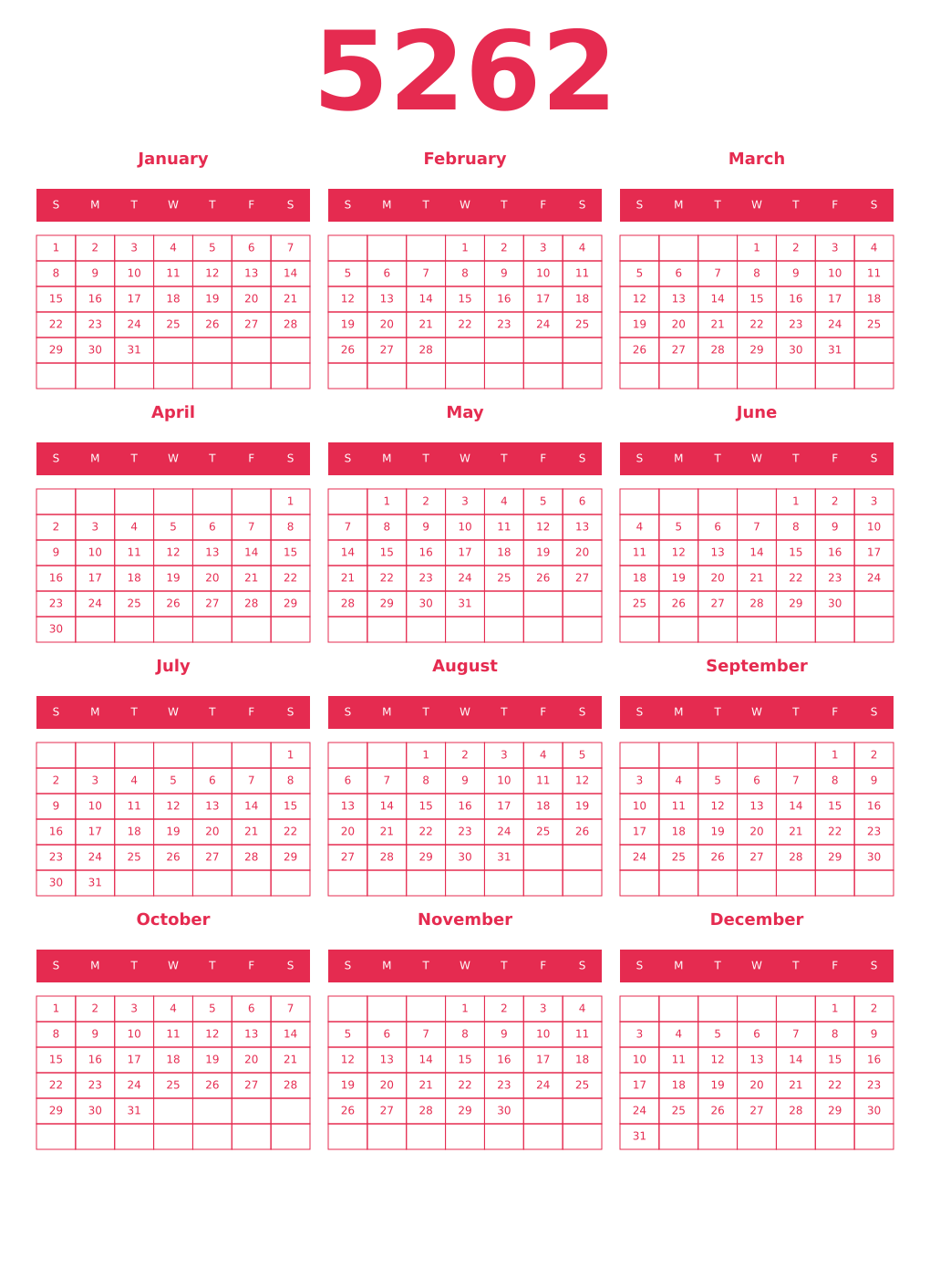 Printable 5262 Year Calendars amaranth