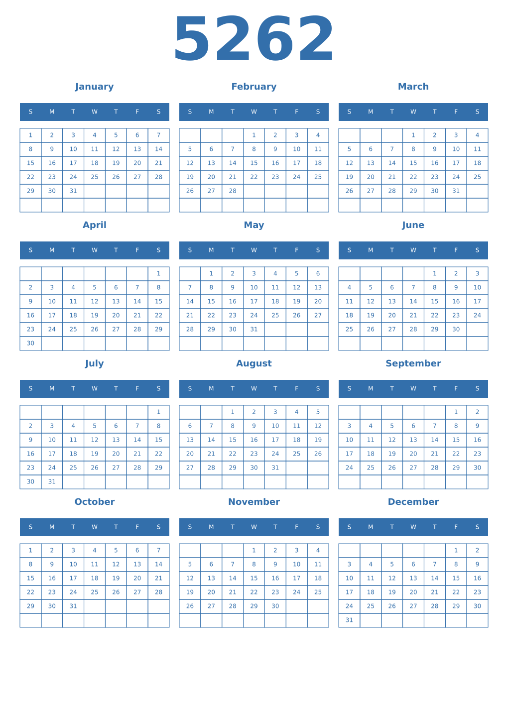 Printable 5262 Year Calendars blue