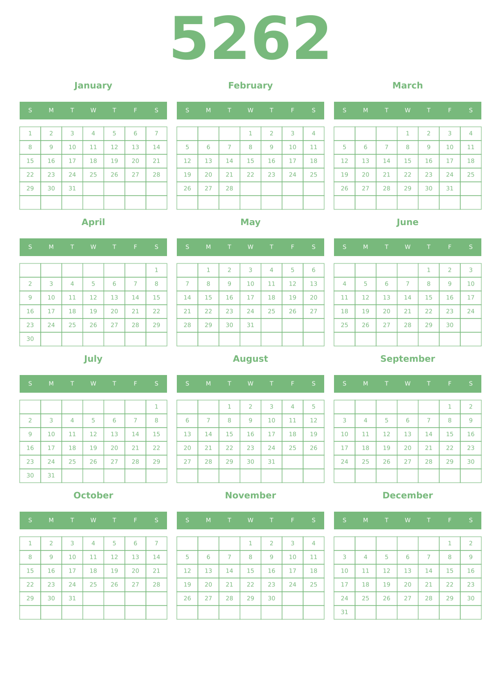 Printable 5262 Year Calendars celadon