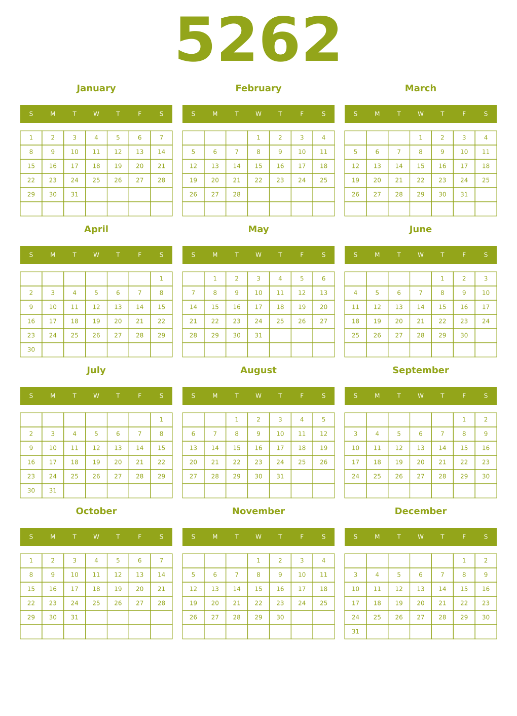 Printable 5262 Year Calendars chartreuse
