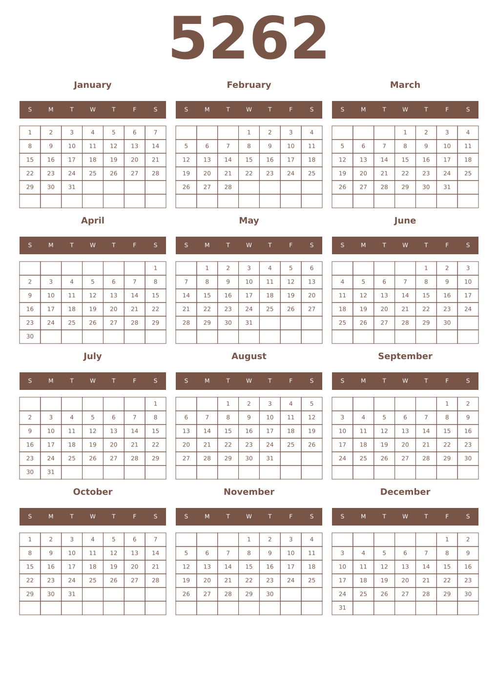 Printable 5262 Year Calendars coffe