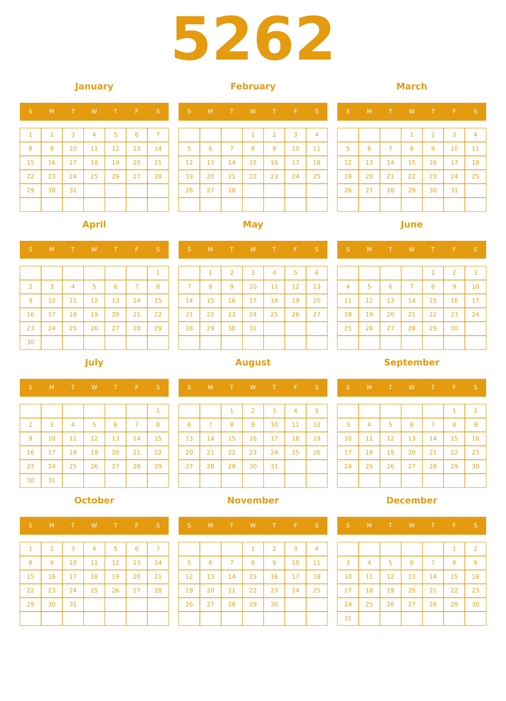 Printable 5262 Year Calendars gamboge