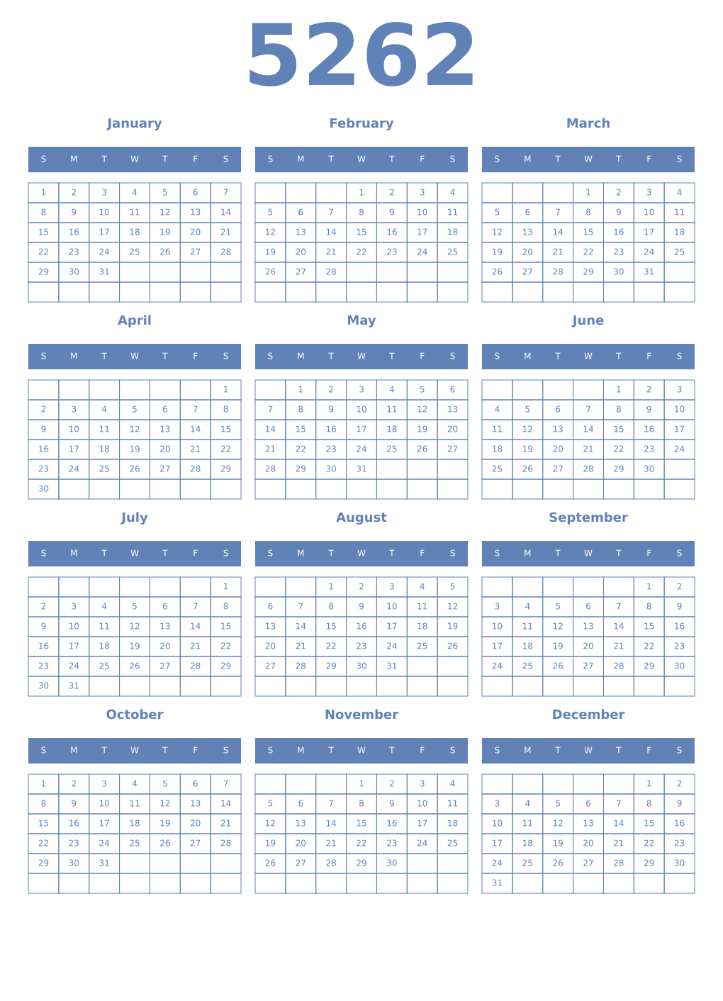 Printable 5262 Year Calendars glaucous