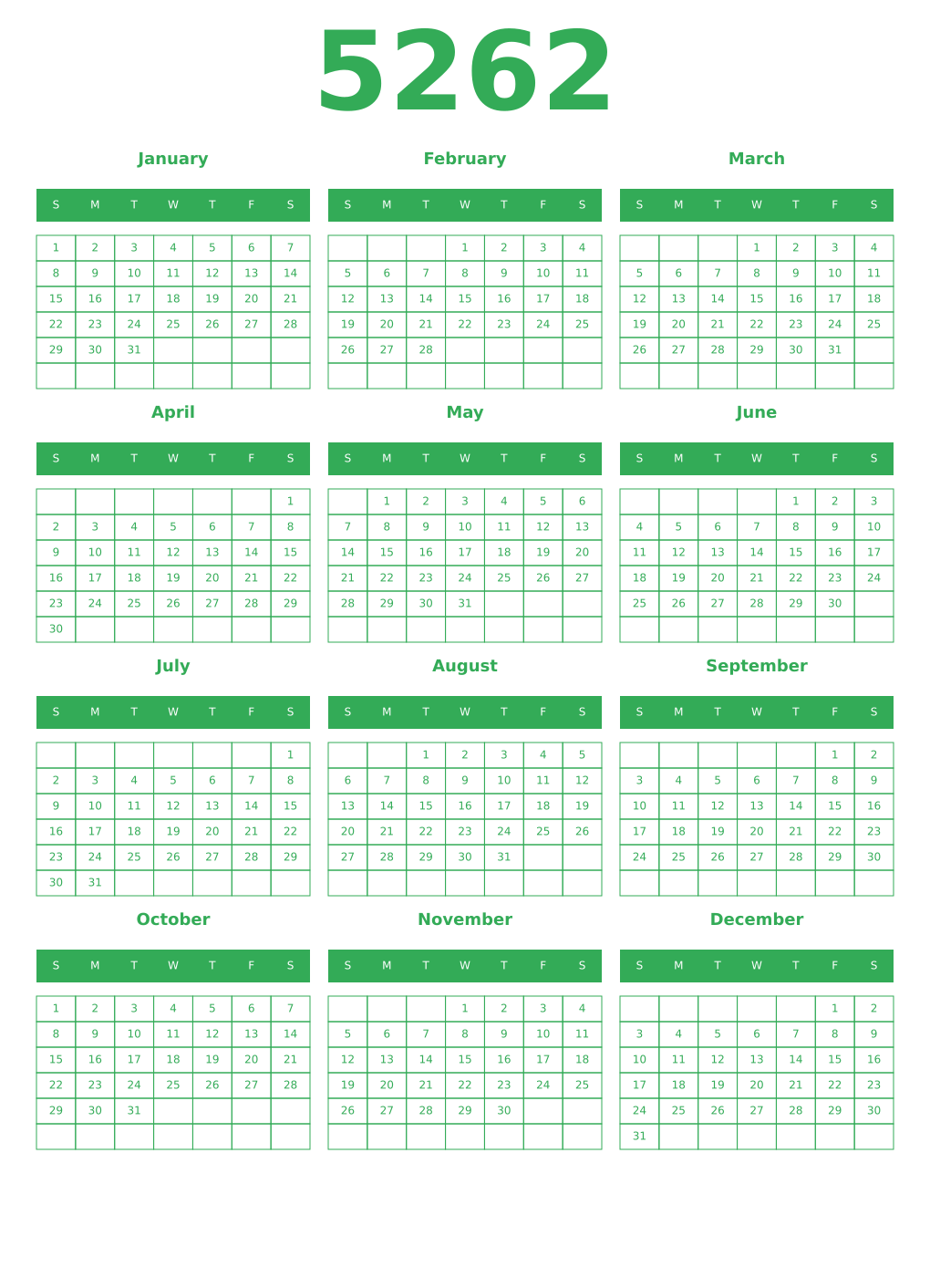 Printable 5262 Year Calendars green