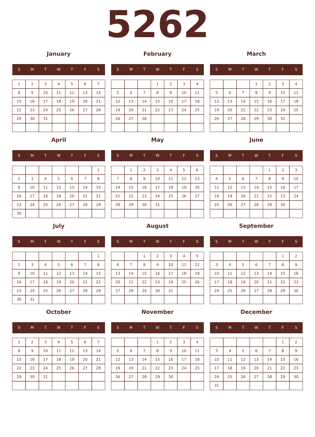 Printable 5262 Year Calendars mortuum