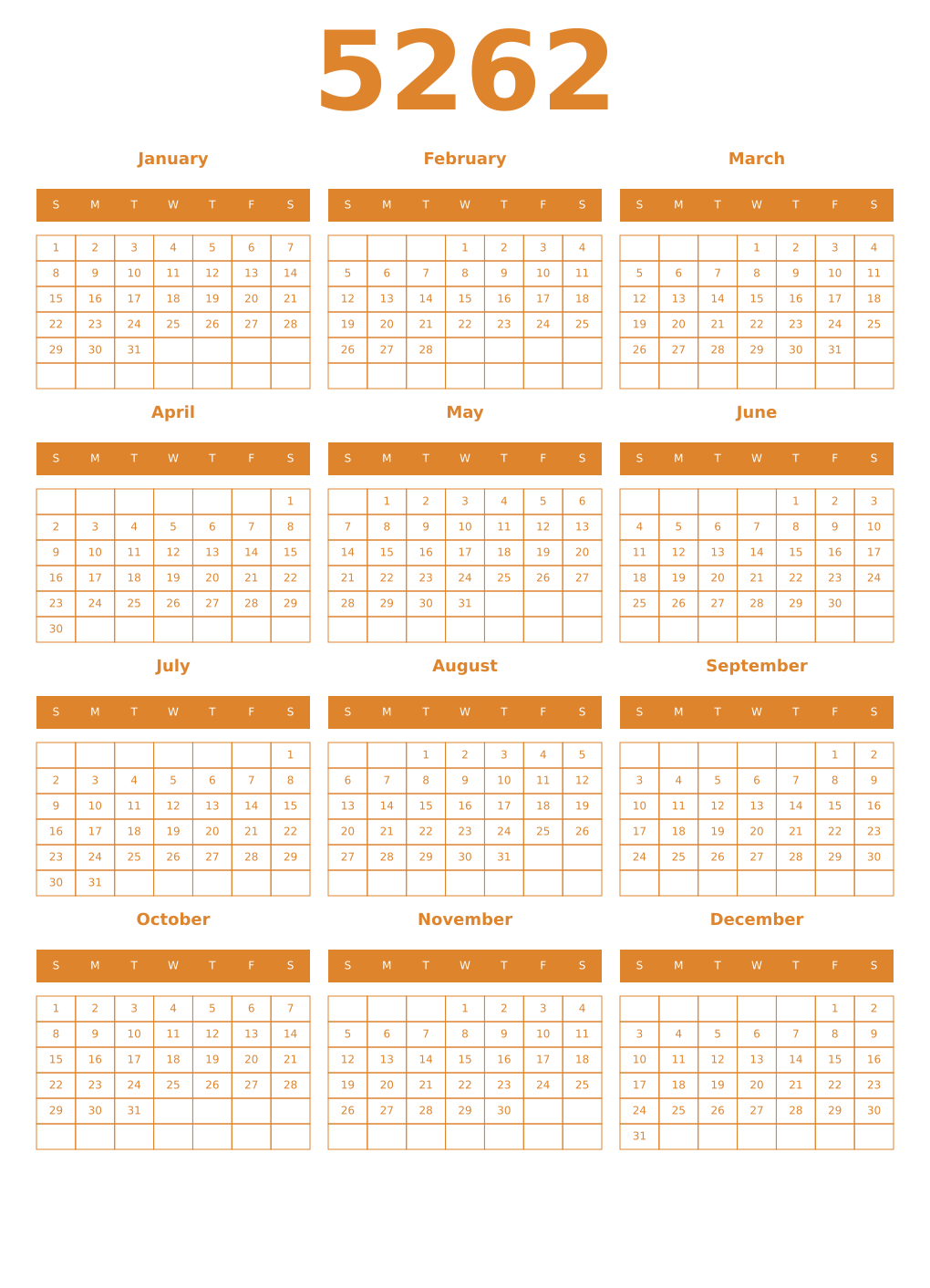 Printable 5262 Year Calendars orange