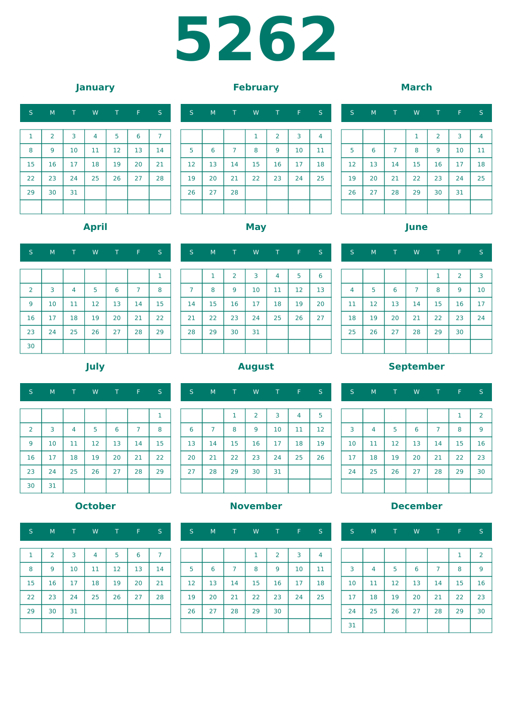 Printable 5262 Year Calendars pastel