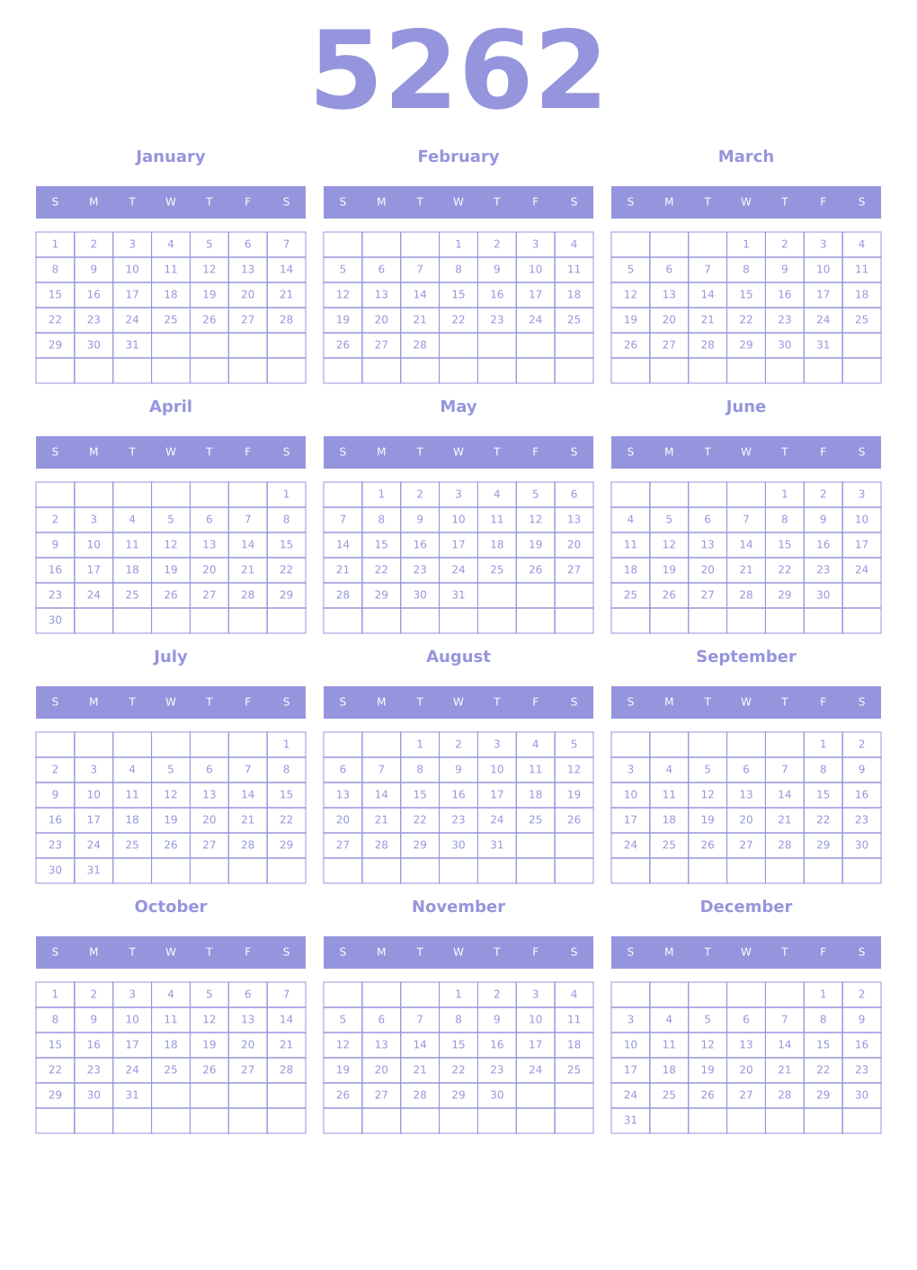 Printable 5262 Year Calendars periwinkle