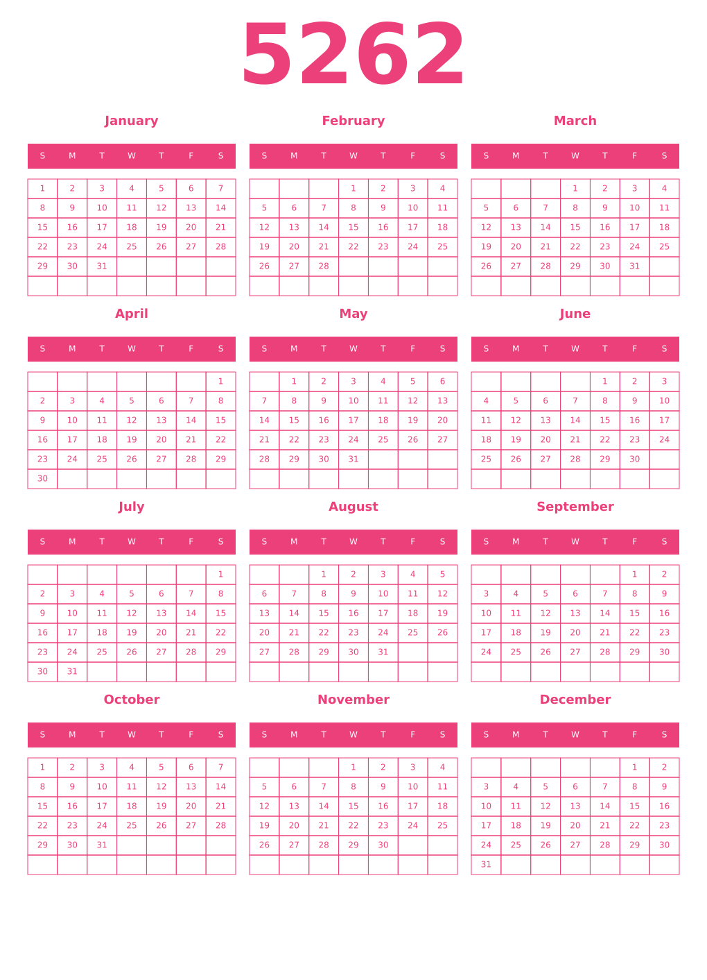 Printable 5262 Year Calendars pink