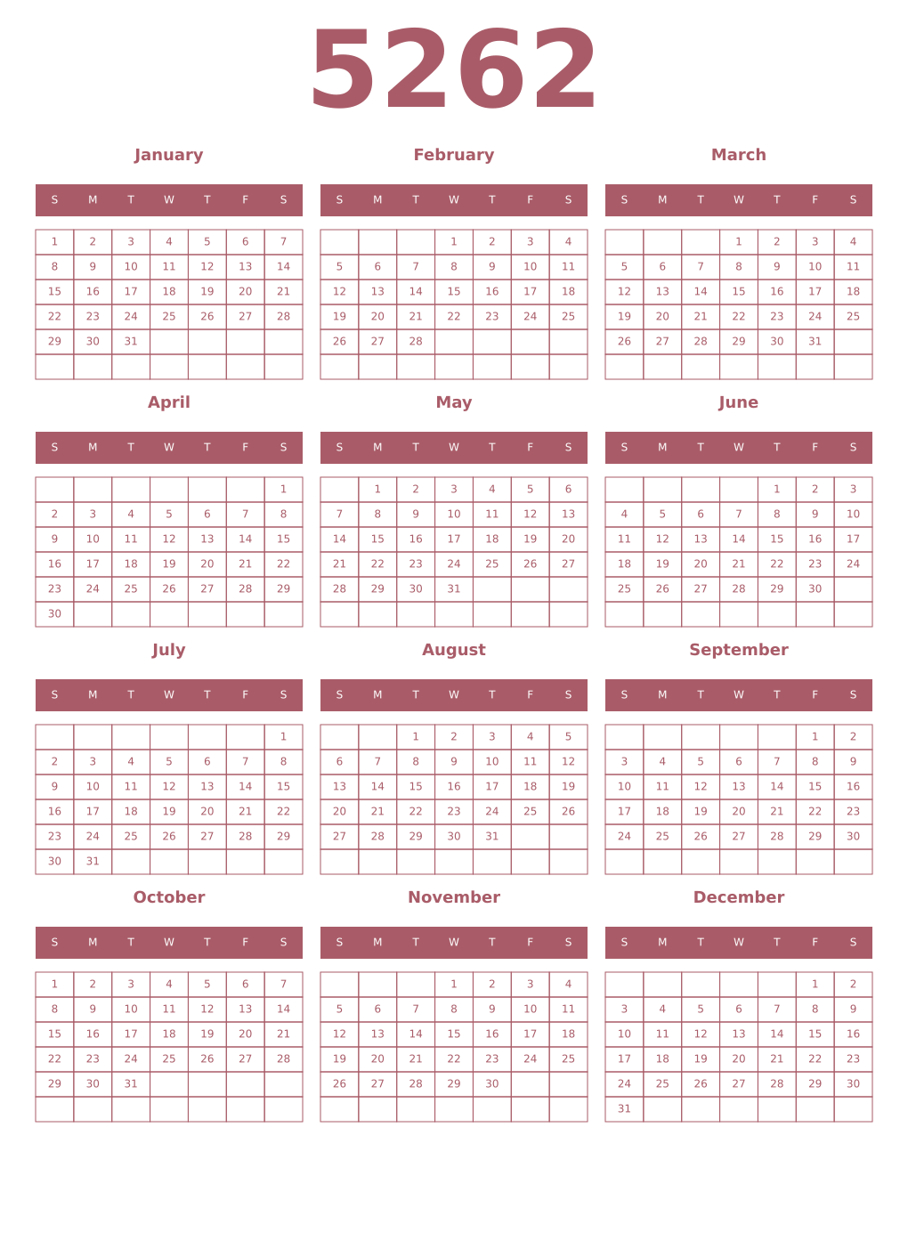 Printable 5262 Year Calendars puce