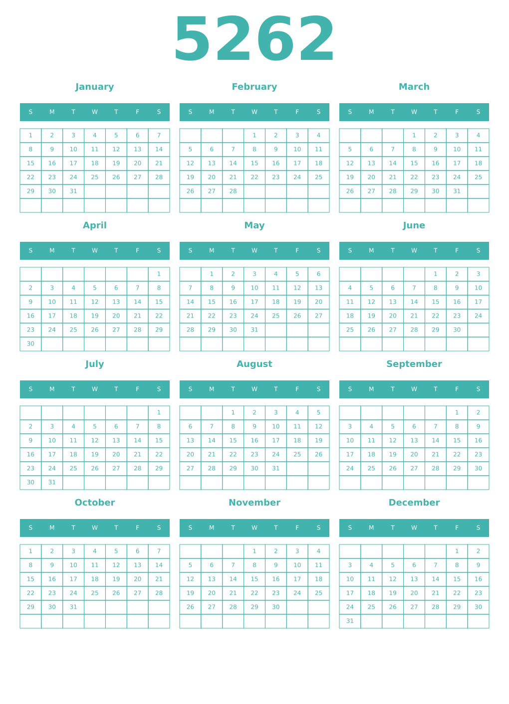 Printable 5262 Year Calendars verdigris