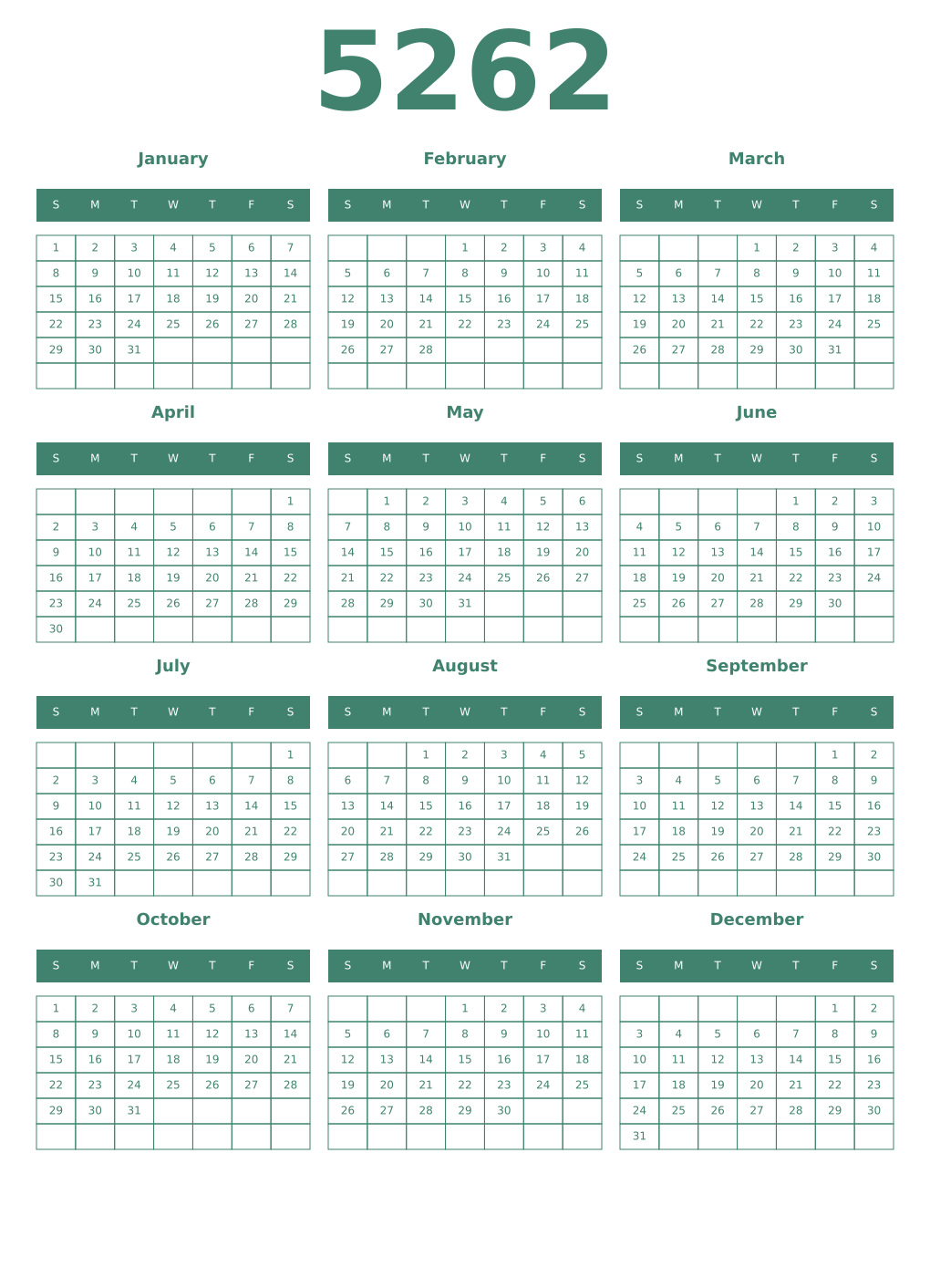 Printable 5262 Year Calendars viridian