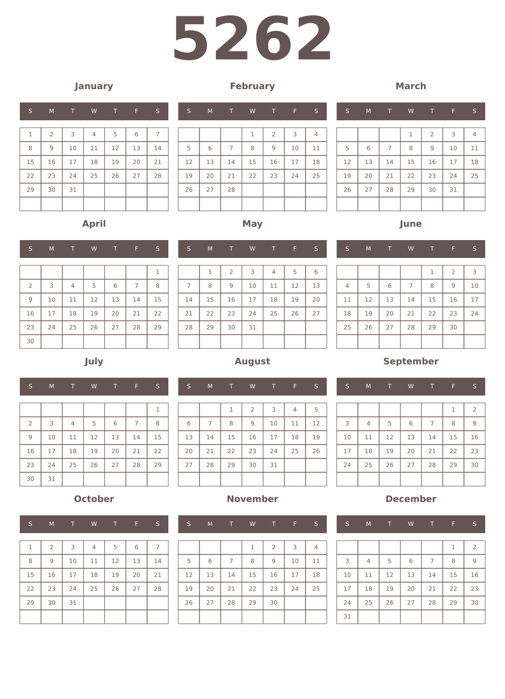 Printable 5262 Year Calendars wenge