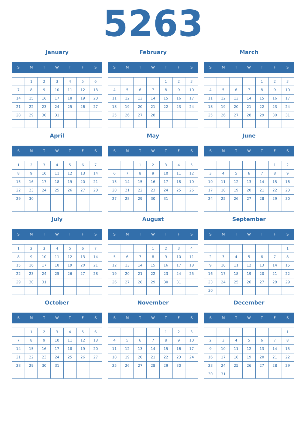 Printable 5263 Year Calendars blue