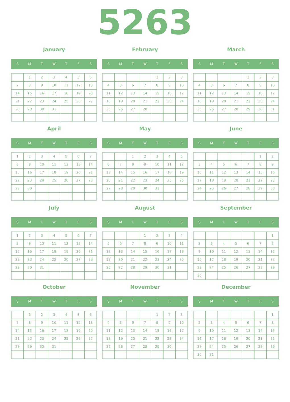 Printable 5263 Year Calendars celadon