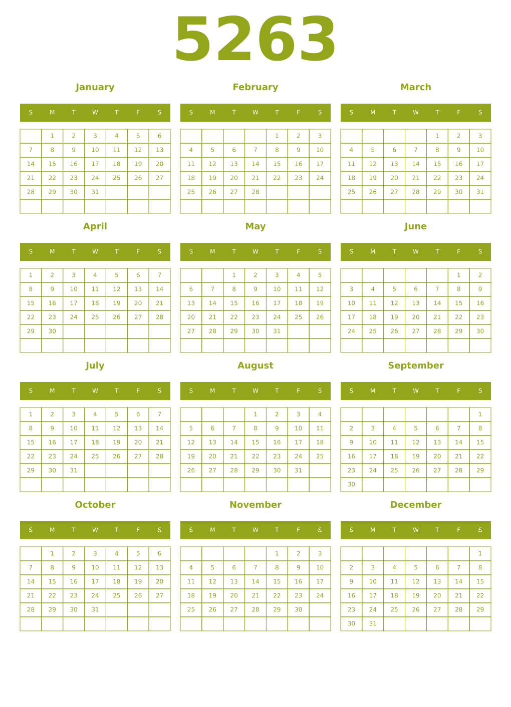 Printable 5263 Year Calendars chartreuse
