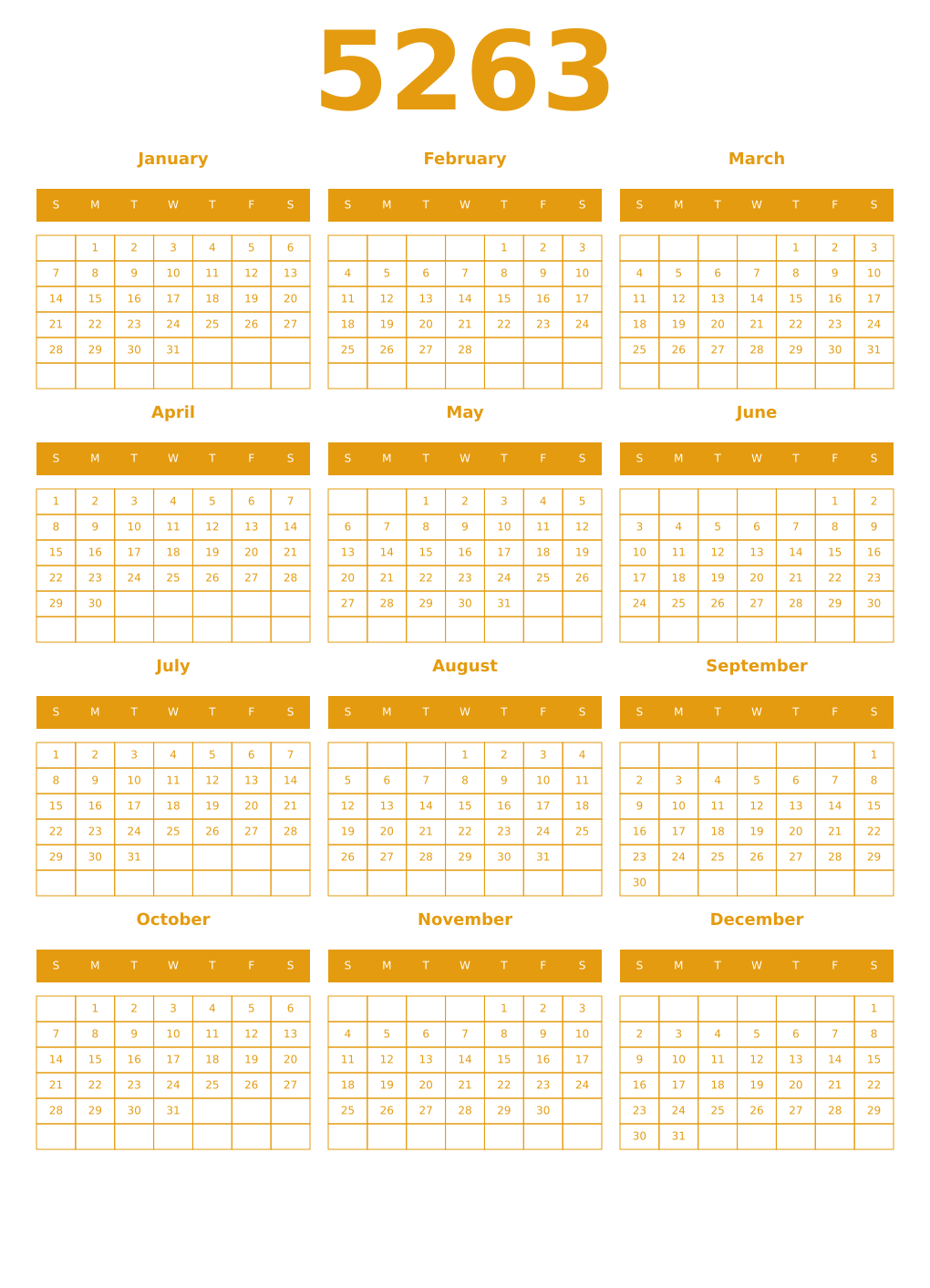 Printable 5263 Year Calendars gamboge