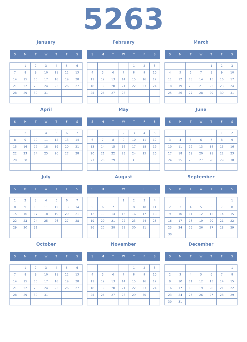 Printable 5263 Year Calendars glaucous
