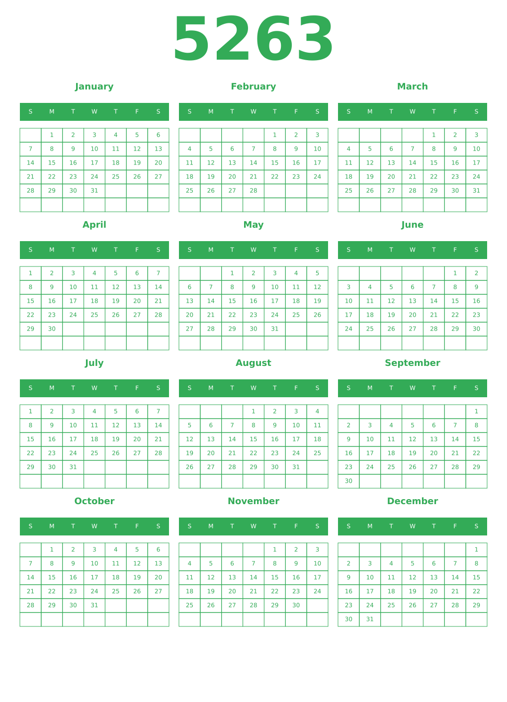 Printable 5263 Year Calendars green