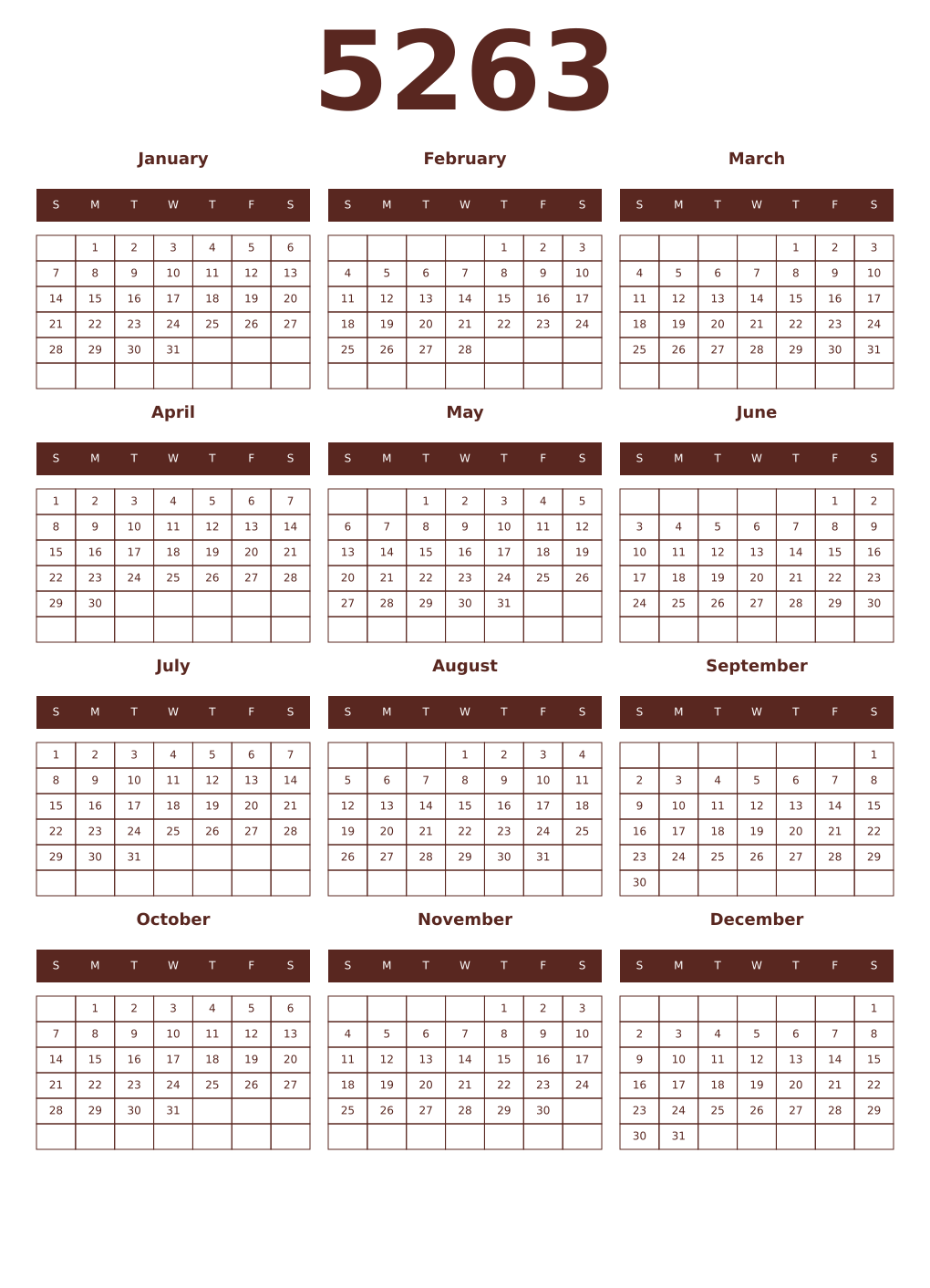 Printable 5263 Year Calendars mortuum