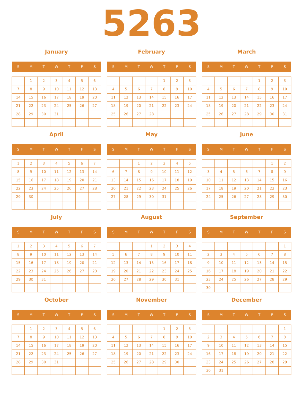 Printable 5263 Year Calendars orange