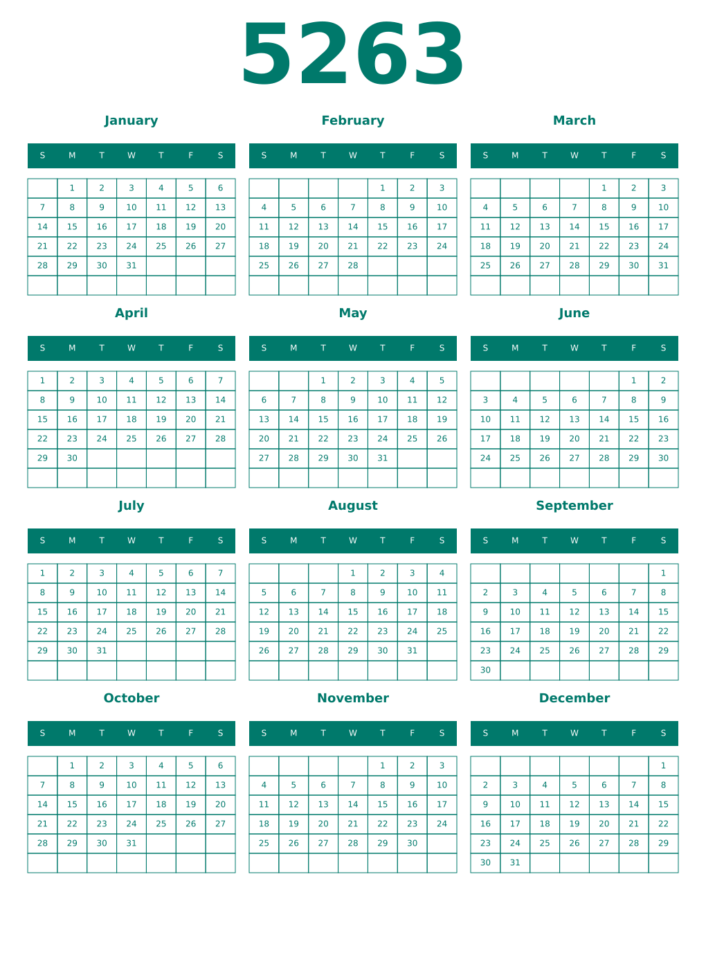 Printable 5263 Year Calendars pastel