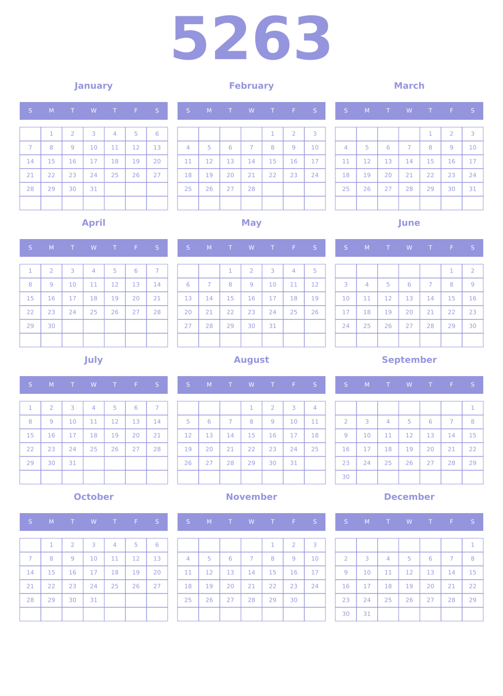 Printable 5263 Year Calendars periwinkle