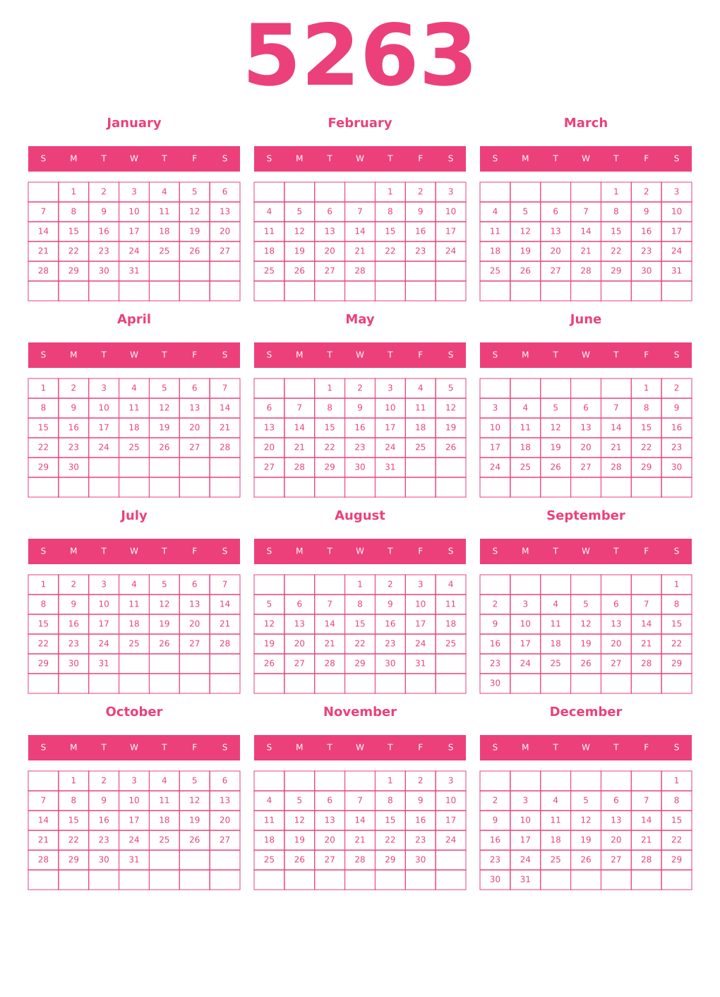 Printable 5263 Year Calendars pink
