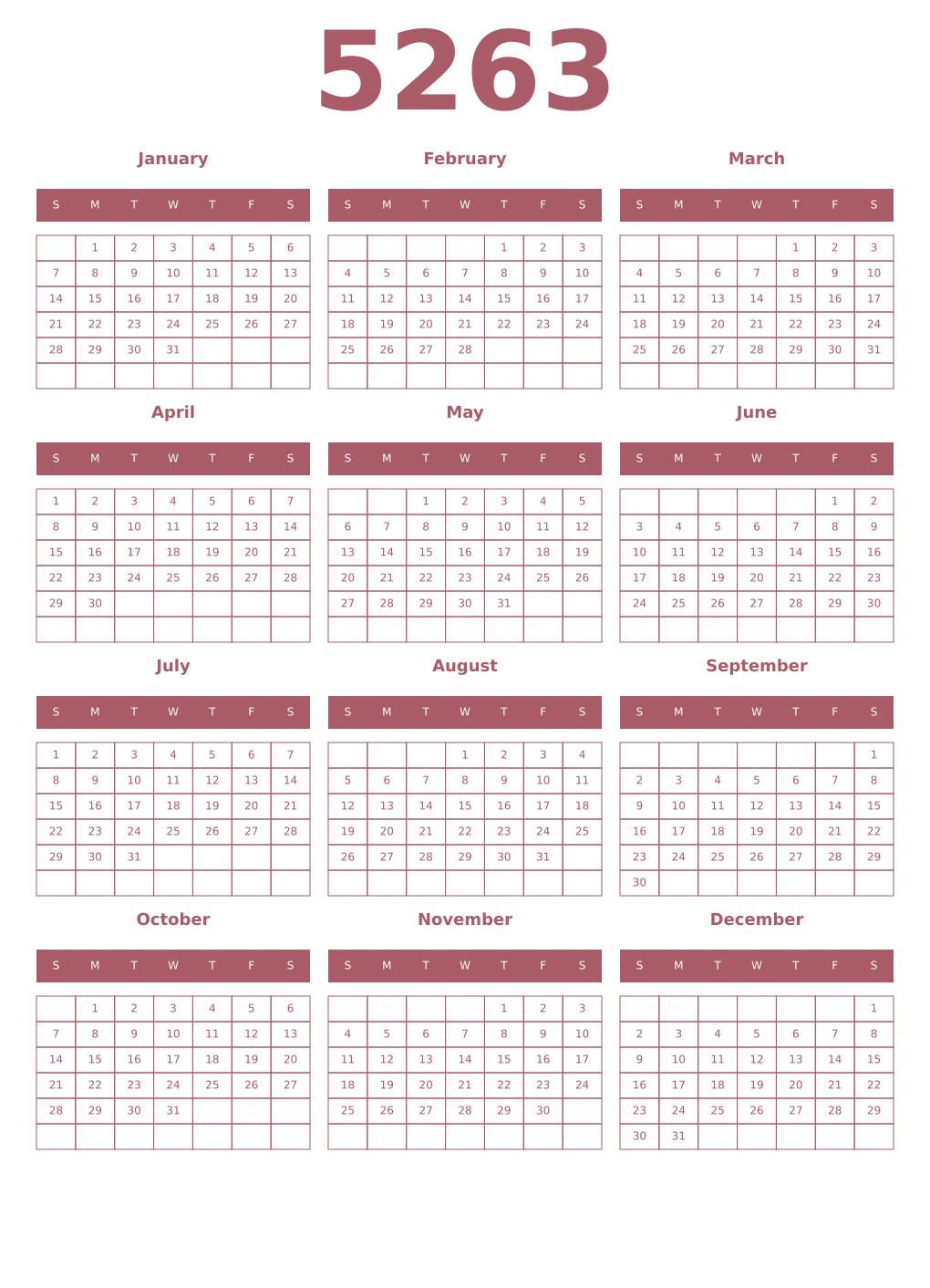 Printable 5263 Year Calendars puce