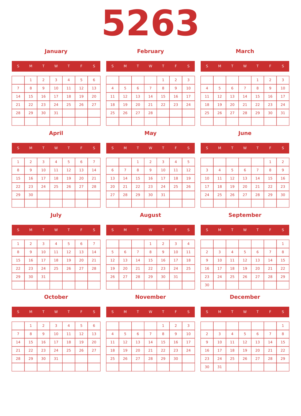 Printable 5263 Year Calendars red