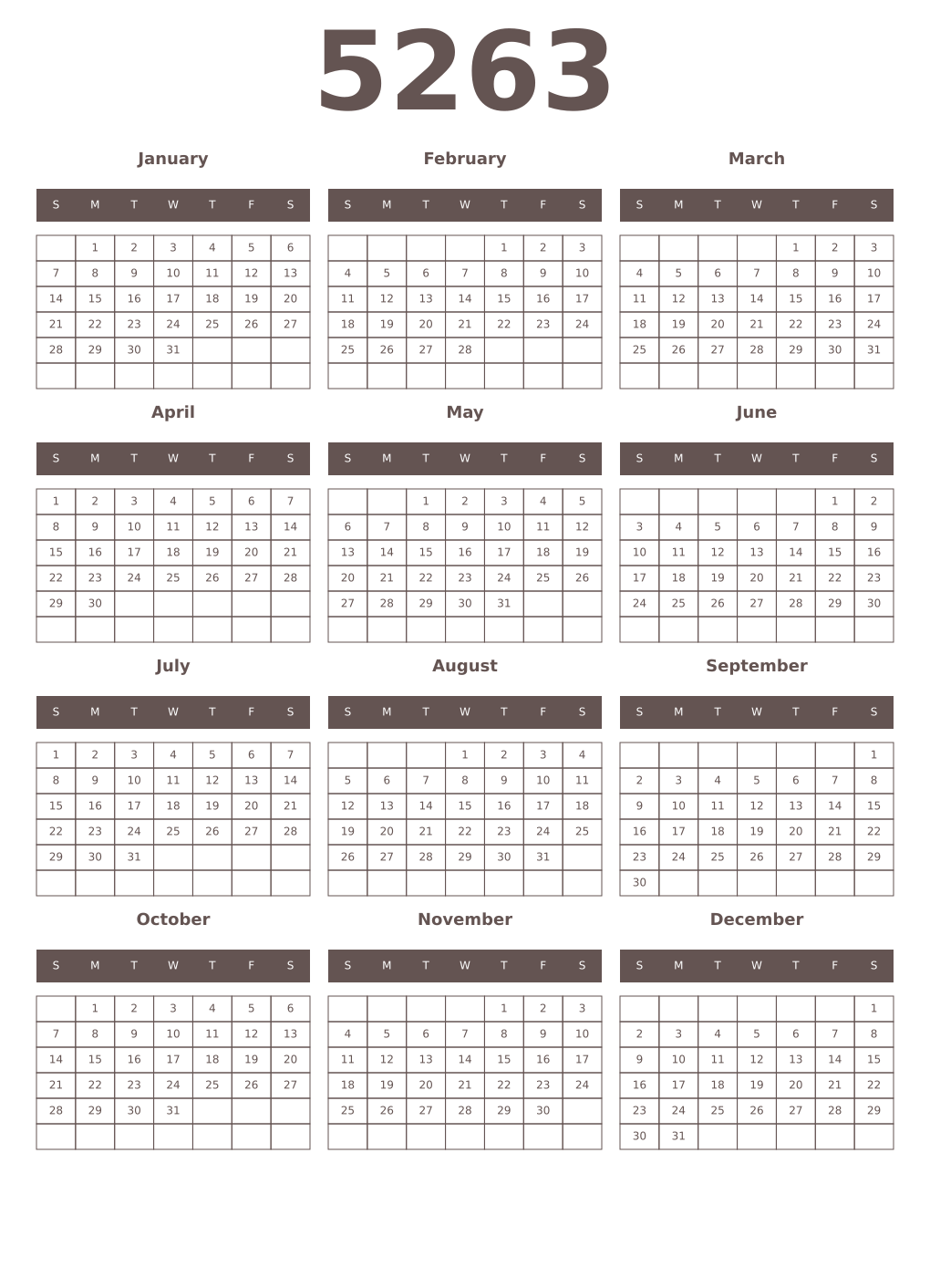 Printable 5263 Year Calendars wenge
