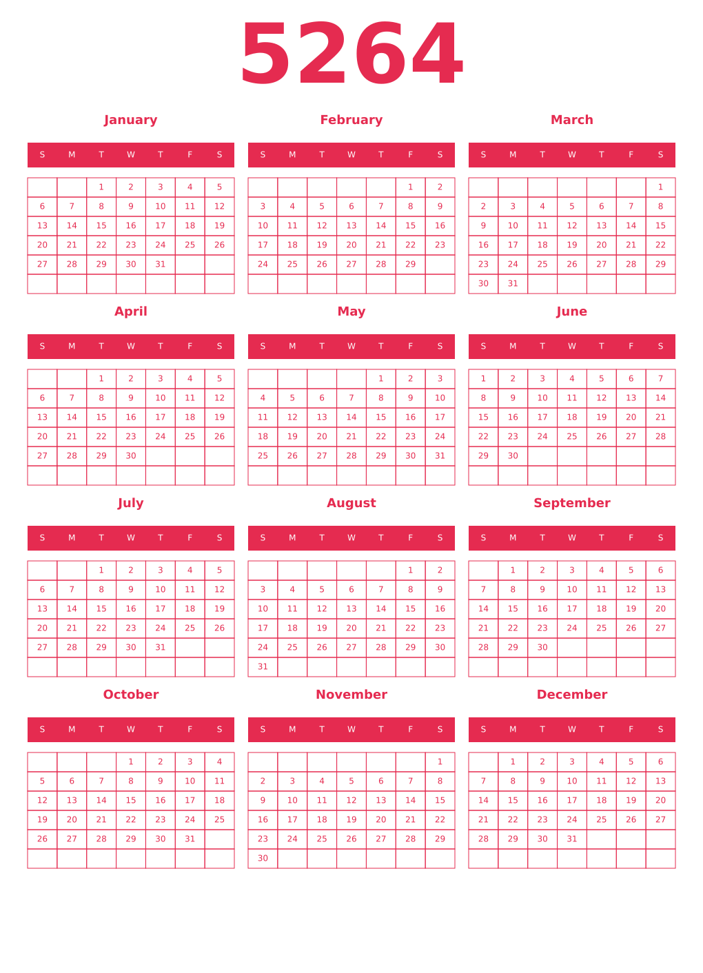 Printable 5264 Year Calendars amaranth