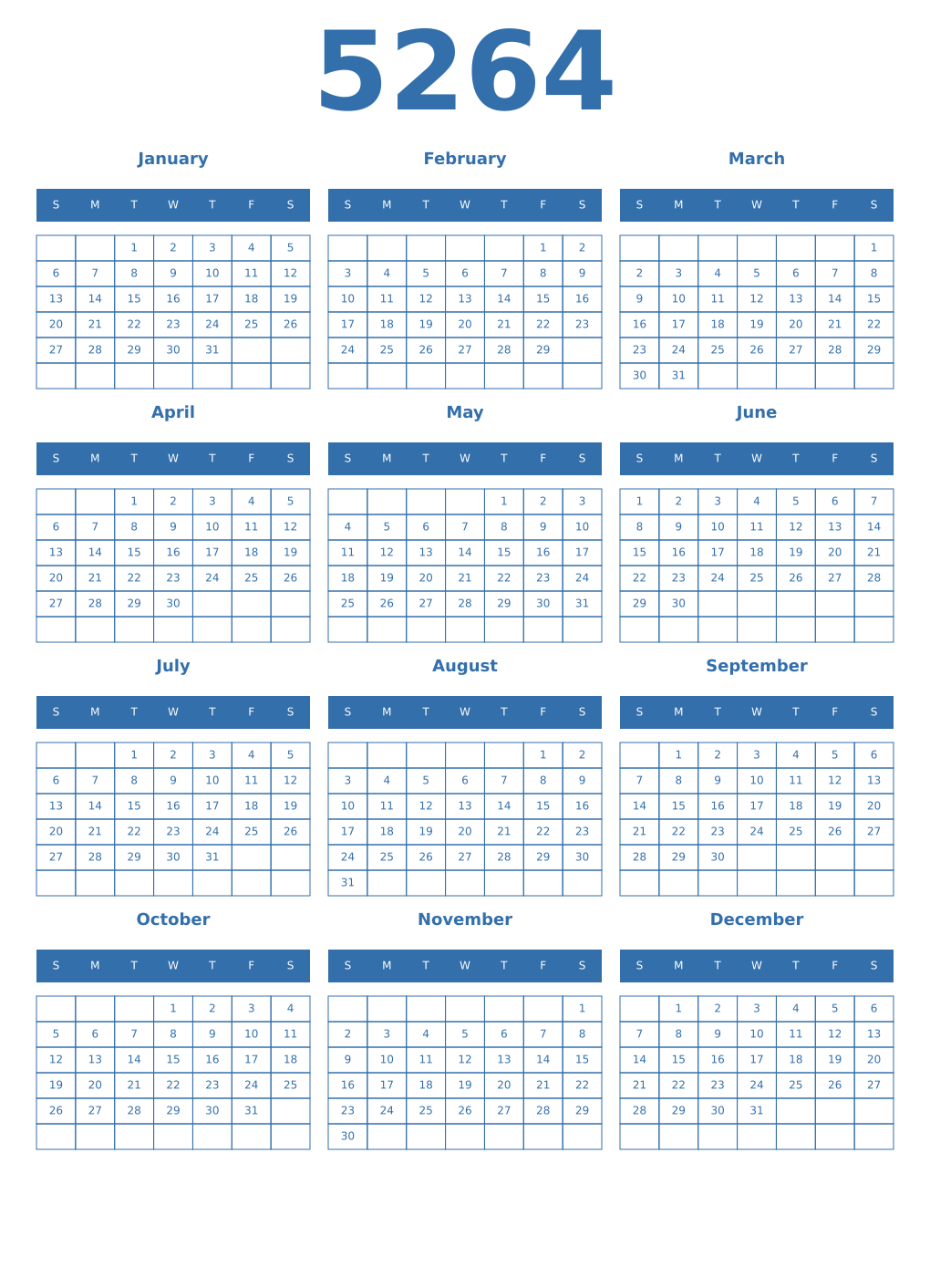 Printable 5264 Year Calendars blue