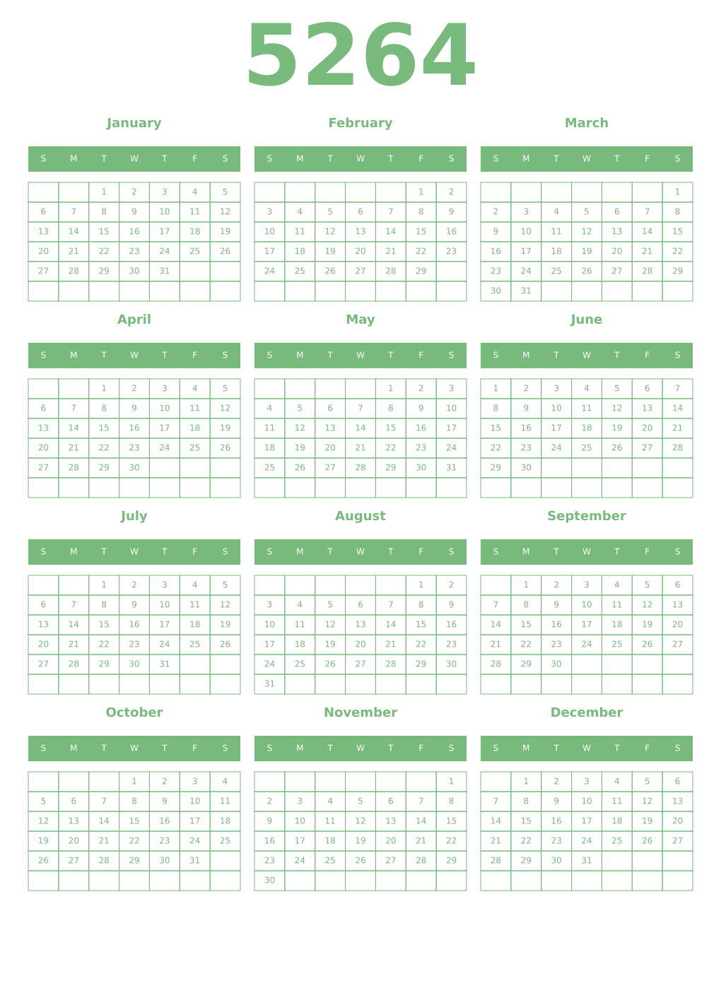 Printable 5264 Year Calendars celadon