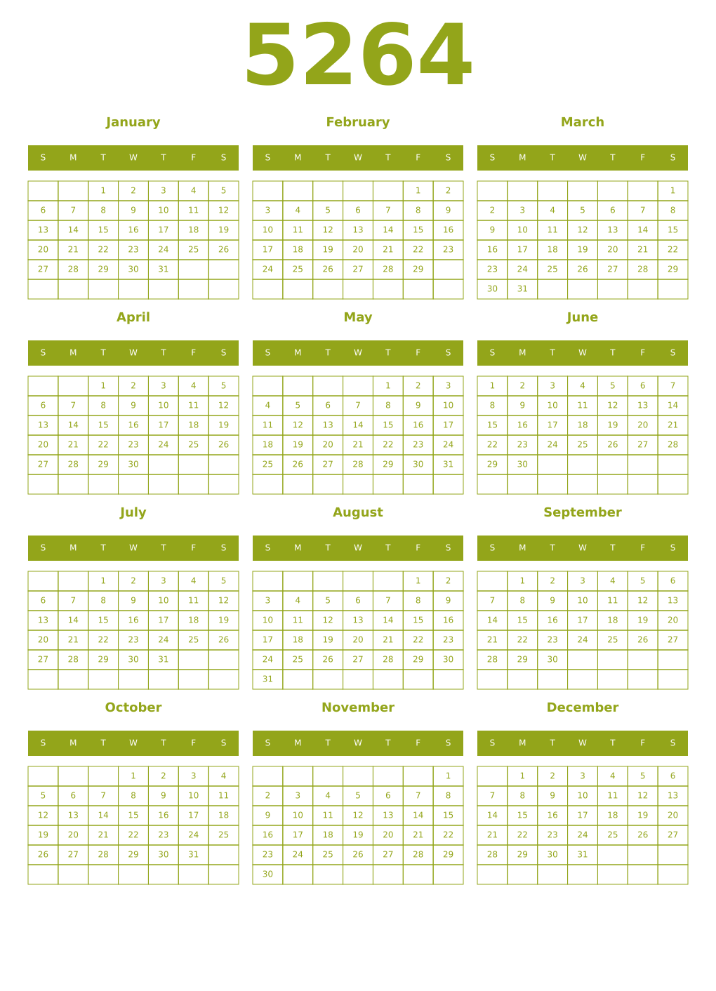 Printable 5264 Year Calendars chartreuse