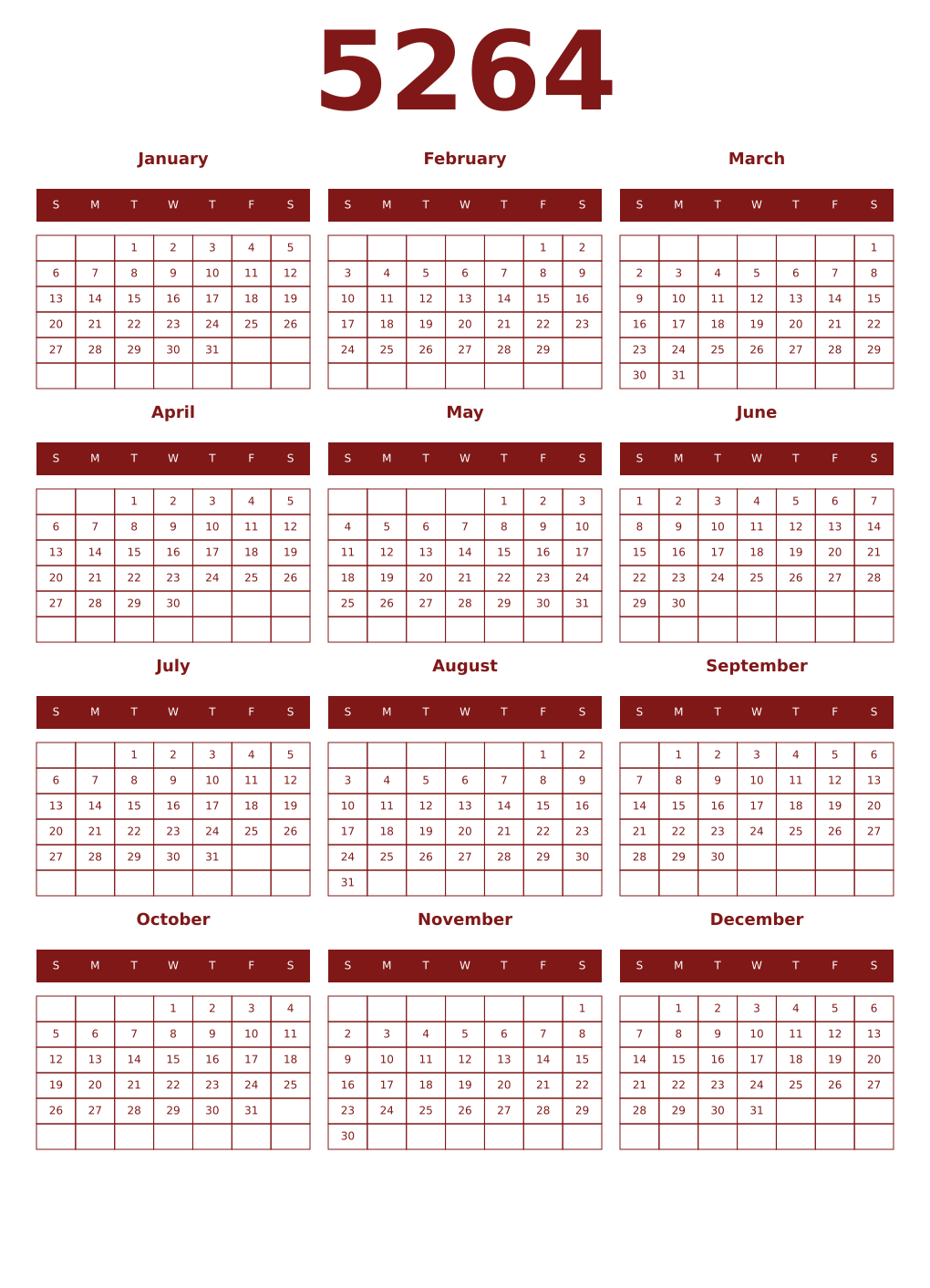 Printable 5264 Year Calendars falu