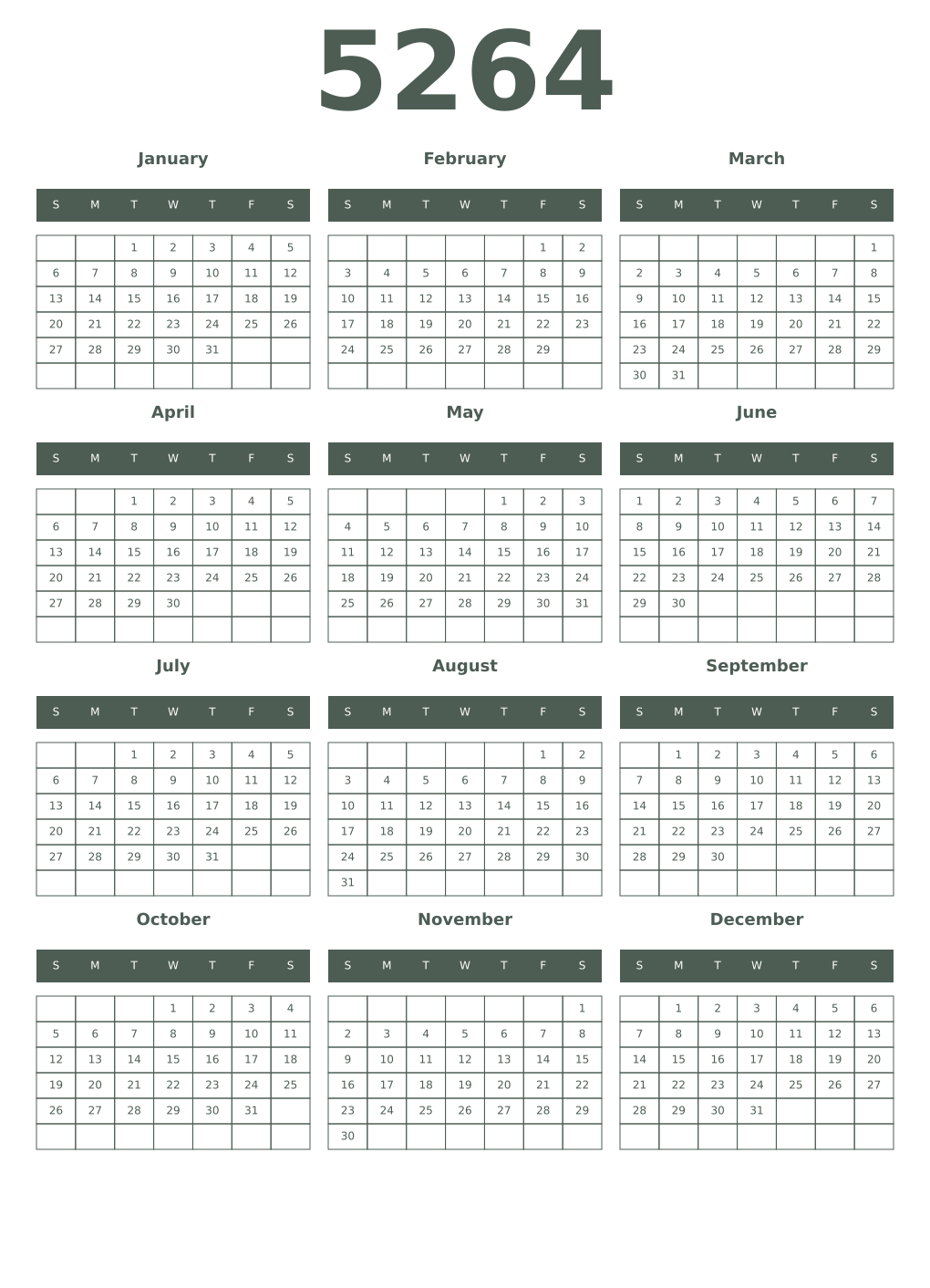 Printable 5264 Year Calendars feldgrau