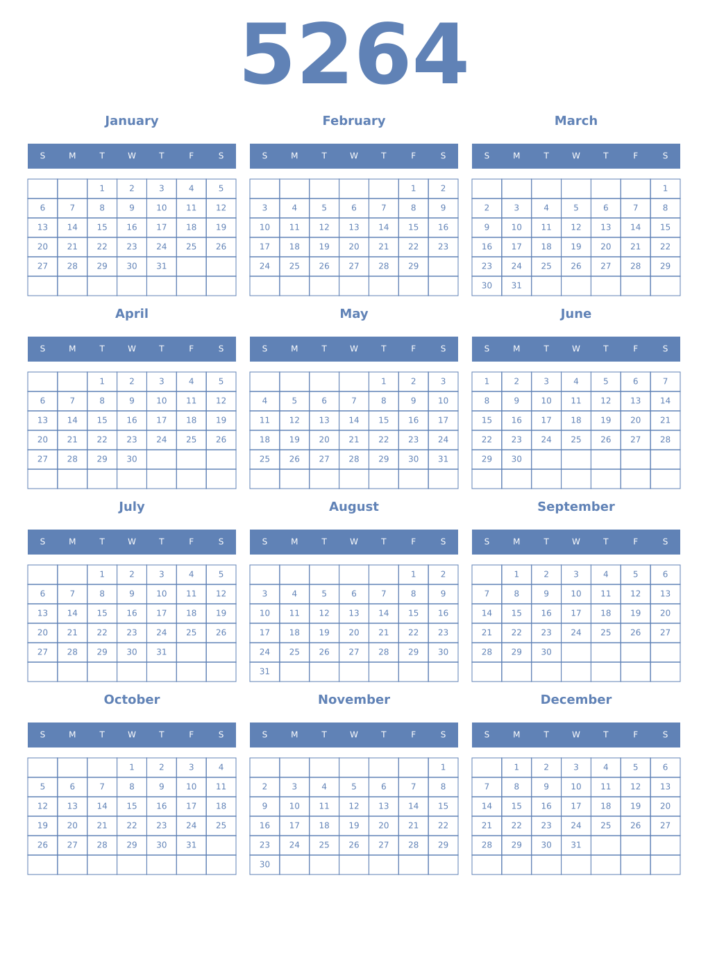 Printable 5264 Year Calendars glaucous