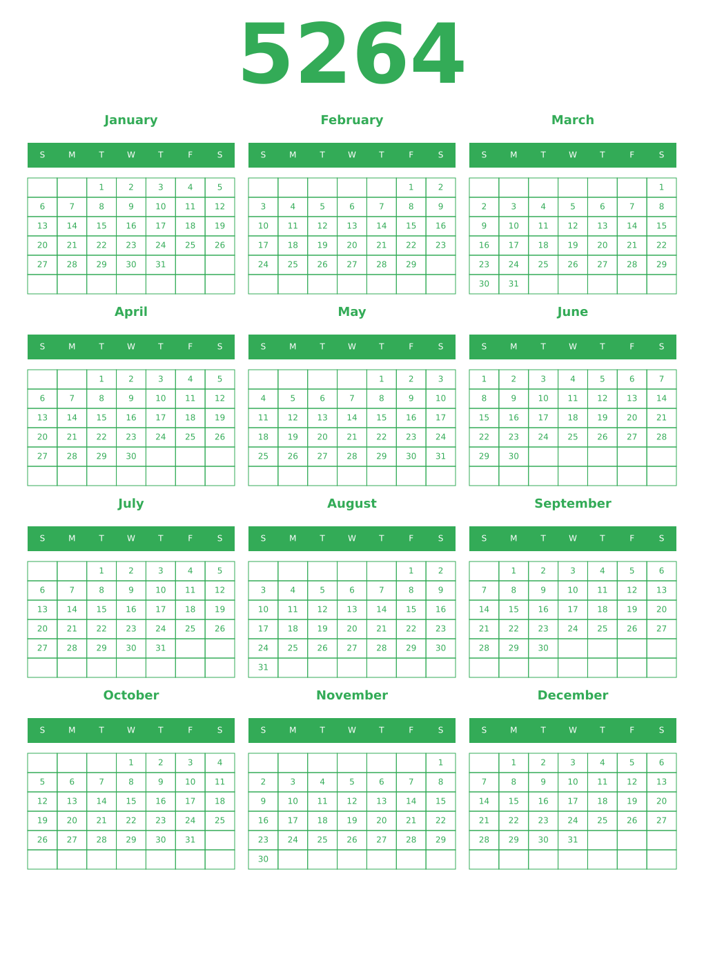 Printable 5264 Year Calendars green