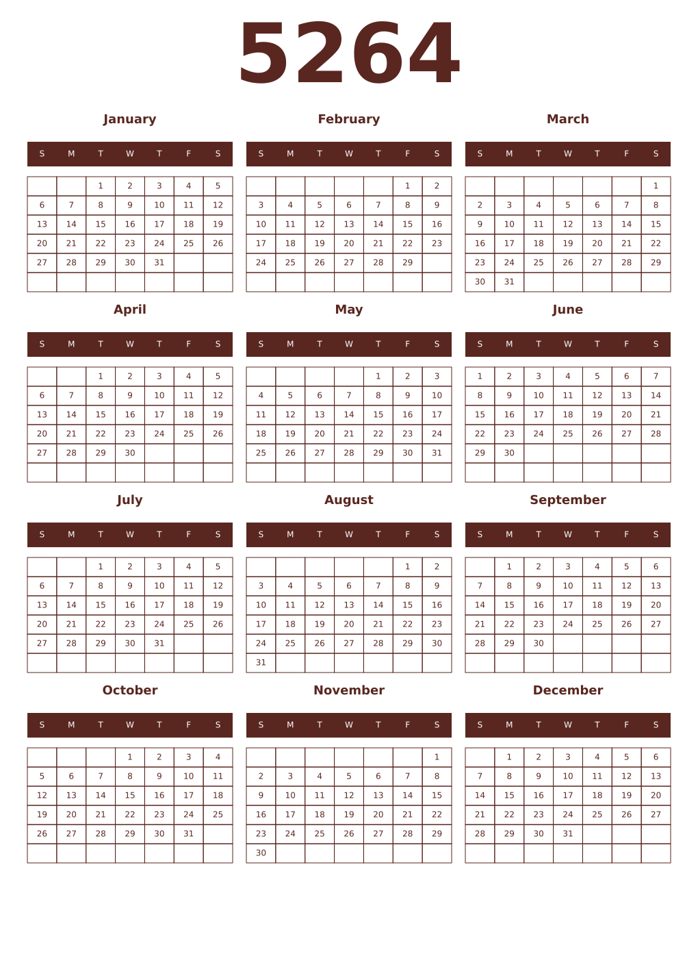 Printable 5264 Year Calendars mortuum