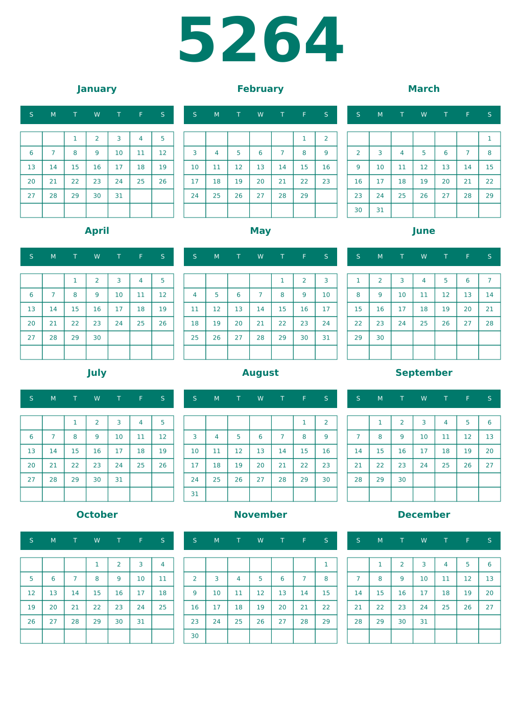 Printable 5264 Year Calendars pastel