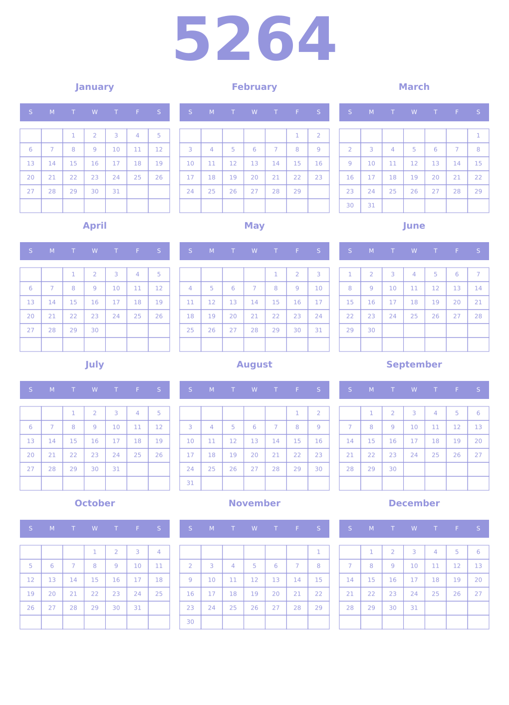 Printable 5264 Year Calendars periwinkle